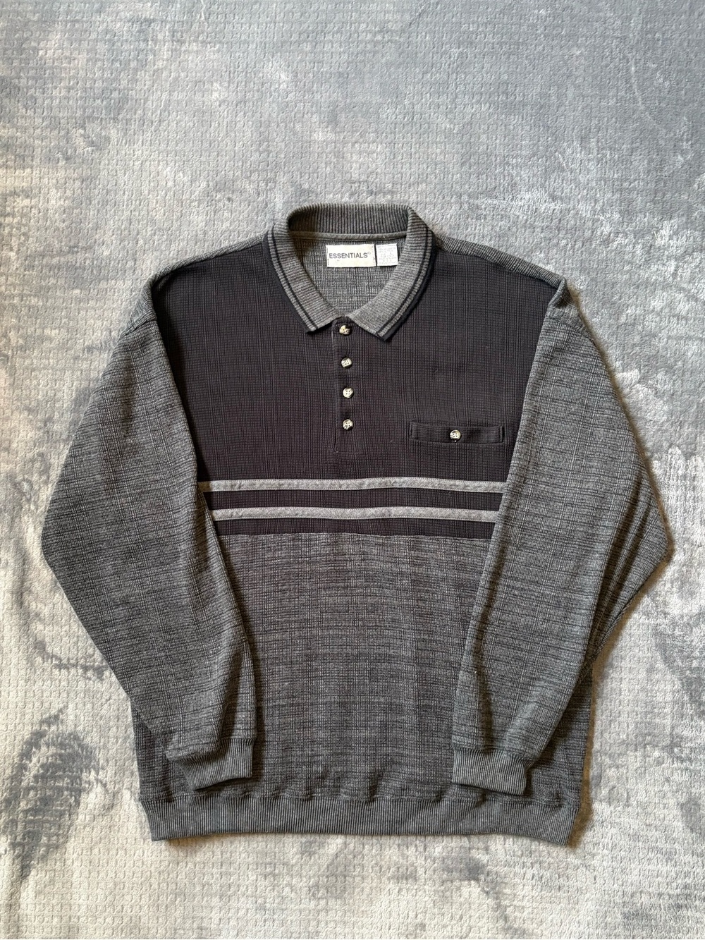 Vintage 90s Essentials Men’s L Black/Grey Stripe Long Sleeve Sweater Buttons